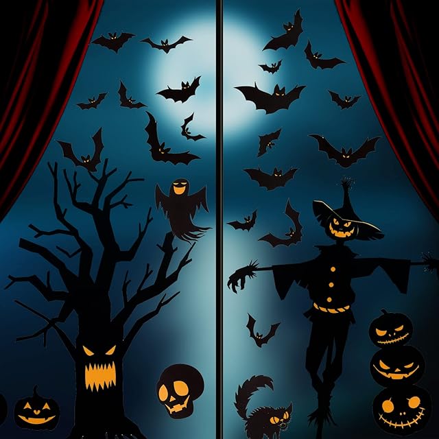 GLAITC Halloween Window Stickers, 9 Sheets Reusable Halloween Window Clings Double Side Window Decals Bats Spider Monster Spooky Pumpkin Ghost Window Decorations for Halloween Party Favors Supplies