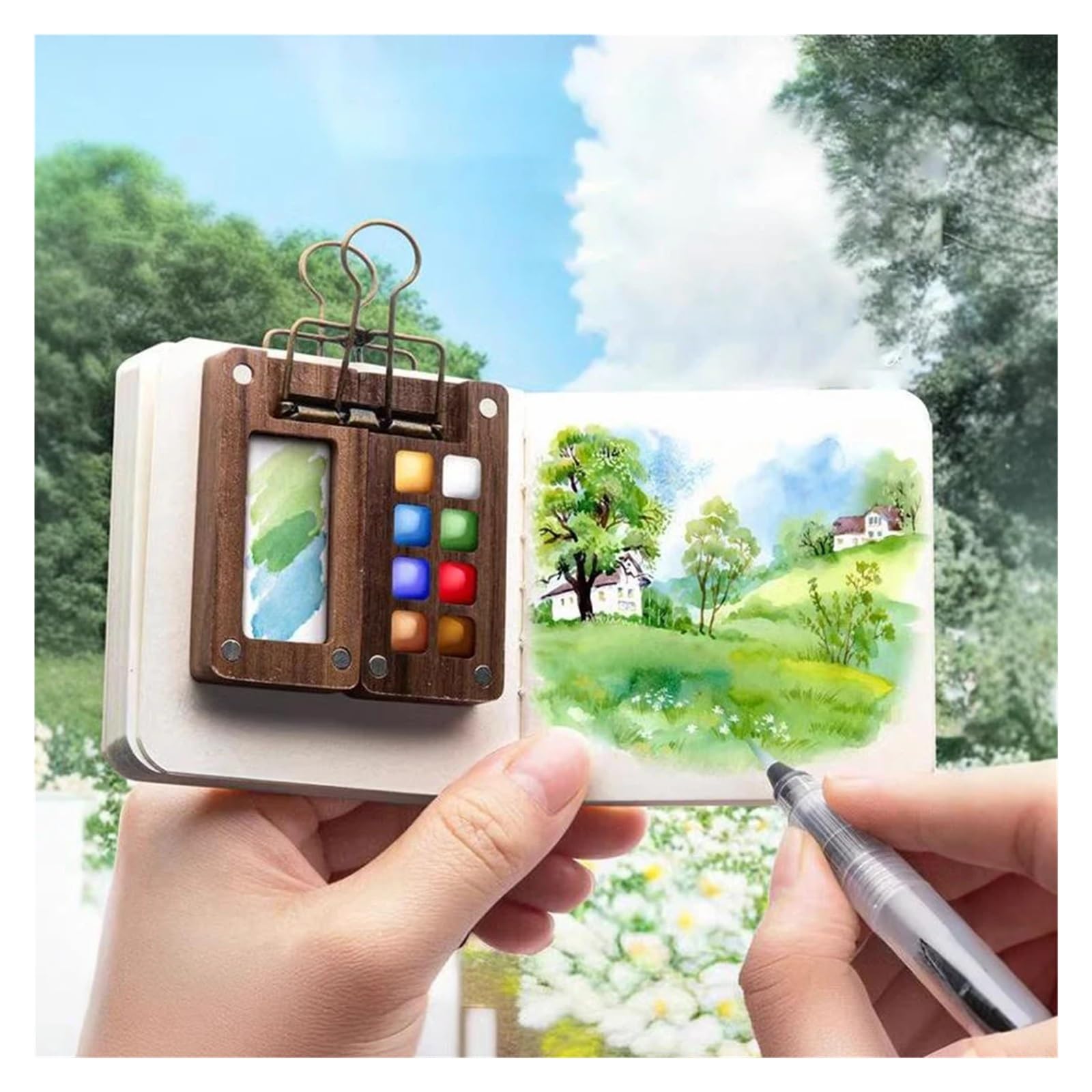 Kleiner Aquarellkasten 8/15 Farben Tragbares Aquarellset Aquarellpigmente Mini-Walnuss-Farbkasten Skizzenbuch for Künstlerbedarf für Anfänger(8 Grid 15 Grid Set)