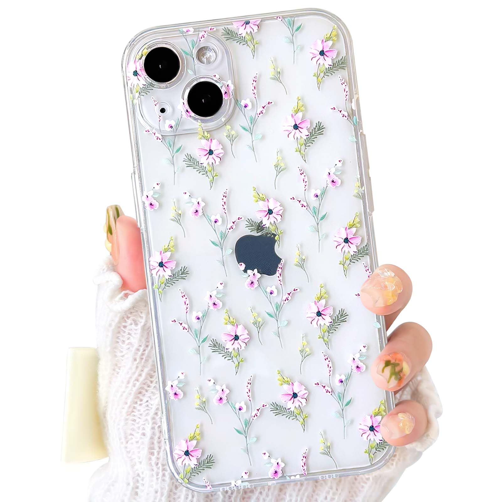NITITOP Compatible with iPhone 13 Mini Case Clear Cute Stylish Flower Floral Design for Women Girls Artistic Soft TPU Shockproof Protective Full