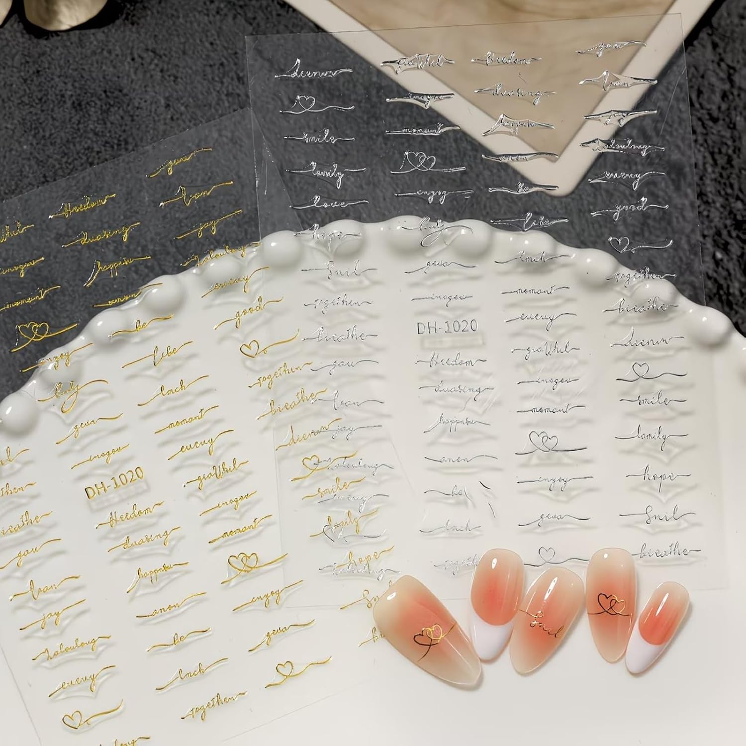 Cursive Letter Nail Art Stickers 8 Sheets 3D Self-Adhesive Nail Decals Black White Gold Silver English Words Nail Stickers Retro English Love Line Nail Art Design Accessories for Women Manicure DIY