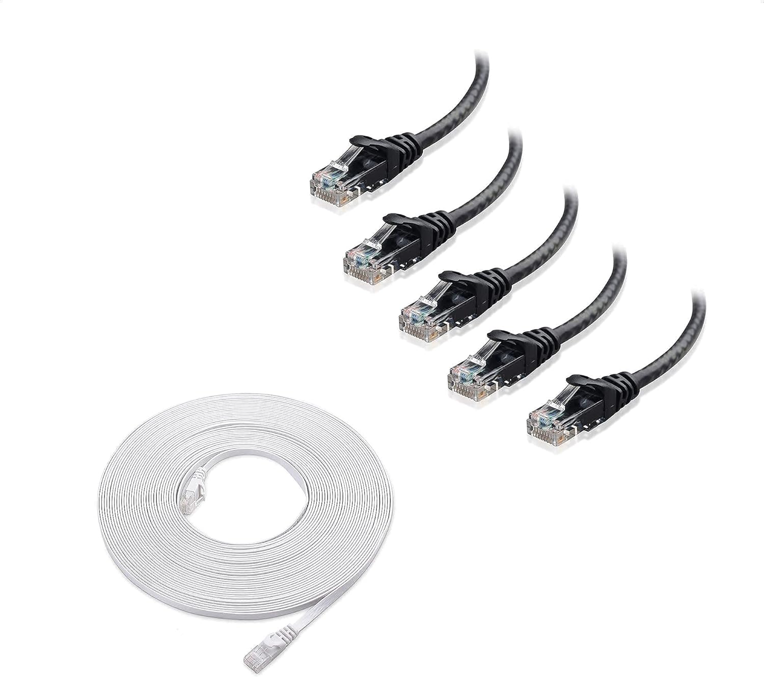 Cable Matters 10-Pack 7-Foot Snagless Short Cat6 Ethernet Cable (Cat6 Cable, Cat 6 Cable) in Black & 1-Pack 50-Foot Cat6 Snagless Long Flat Ethernet Cable in White