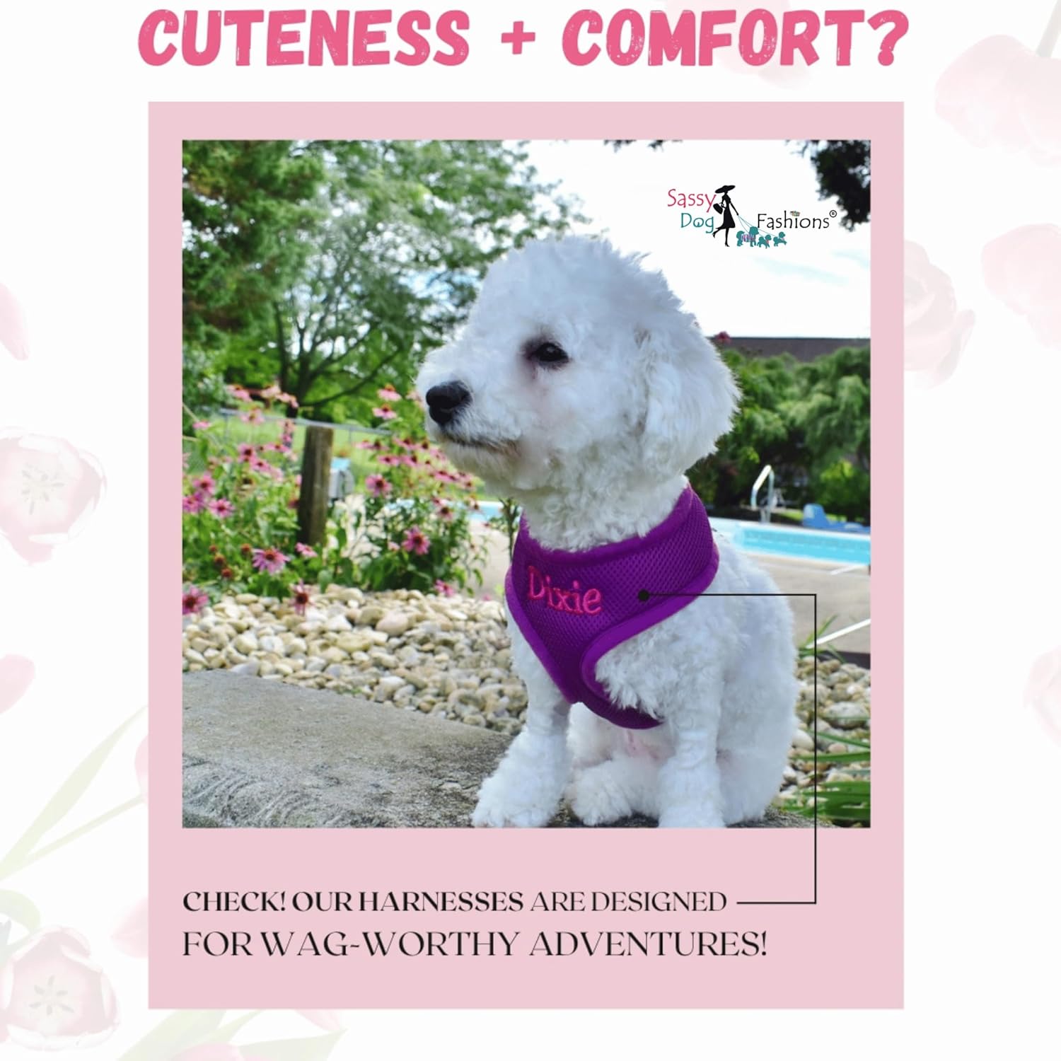 Personalized Dog Harness with Embroidered Pet Name, Soft Padded Air Mesh Harness for Small and Medium Dogs, No Pull Adjustable Puppy Walking Vest, Made USA (Medium, Purple)