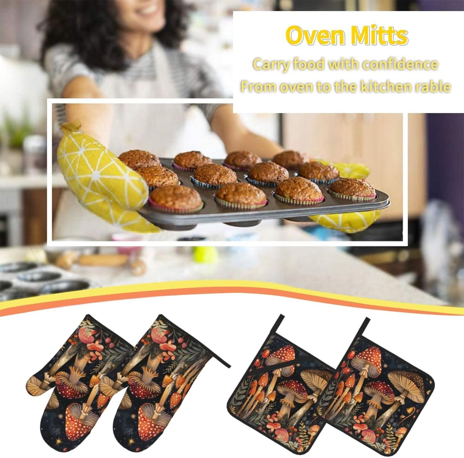Oven Mitts and Pot Holders Sets of 4 Mushroom Vintage Botanical Kitchen Potholder Gloves Heat Resistant Non-Slip for Chef Baking Cooking Grilling BBQ Mittens
