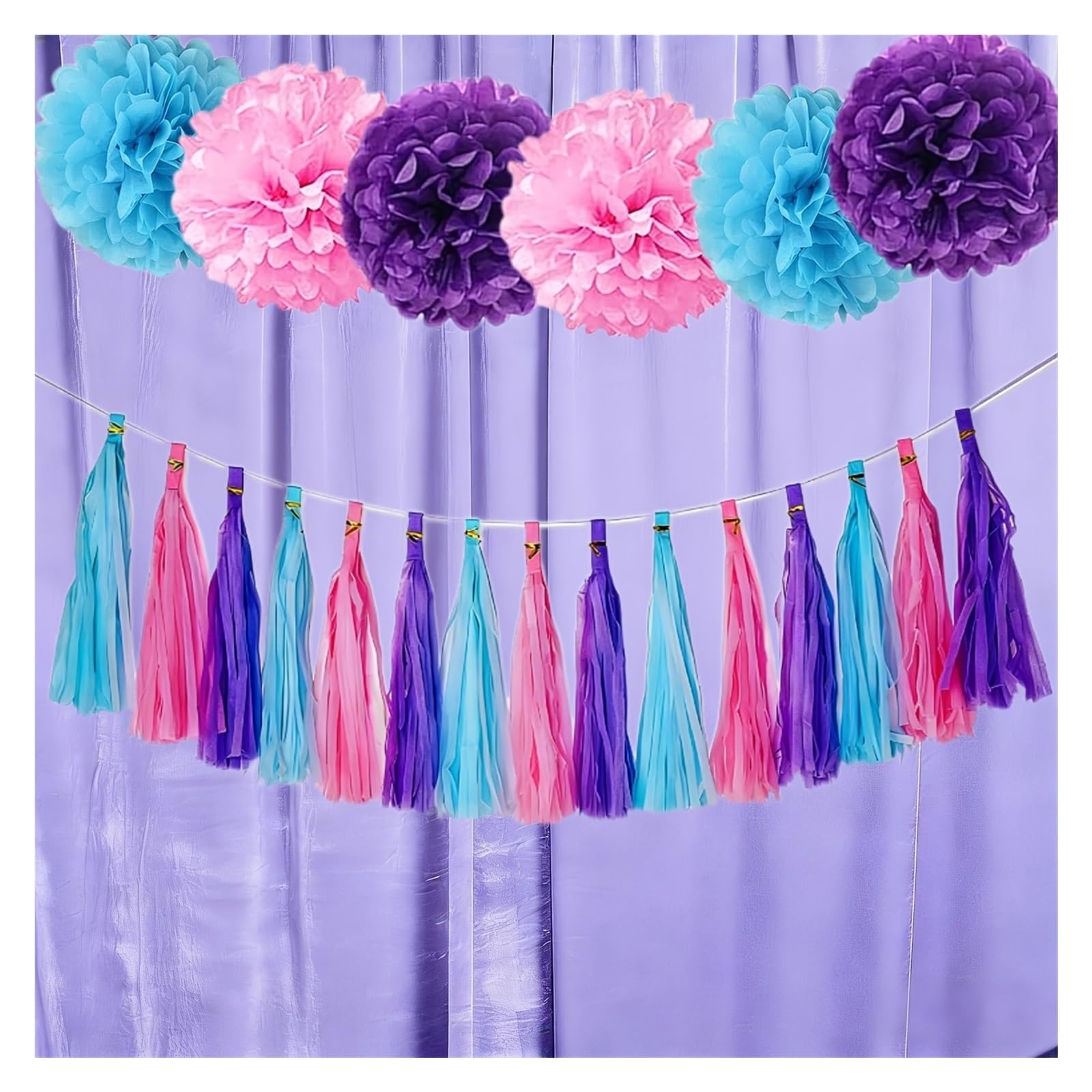 Paper Pom Poms 21Pcs Party Decorations Set, Blue Pink Pueple Paper Pompoms and Tassel Garlands for