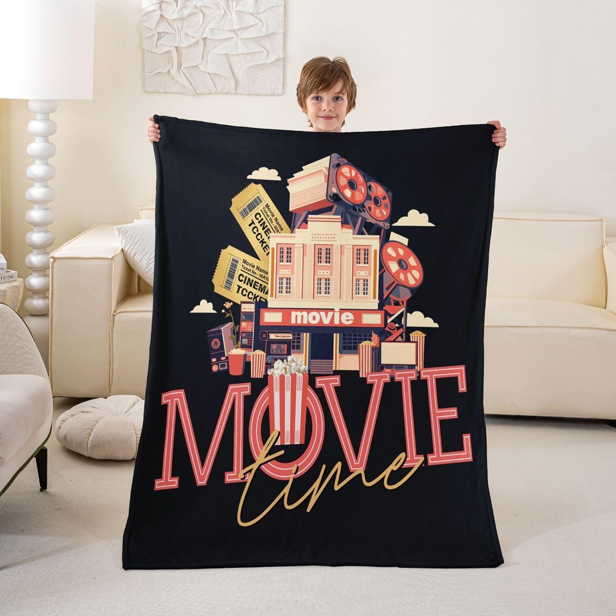 Home Theater Decor Throw Blanket Twin Size, Clapboard Popcorn Filmstrip Fuzzy Blanket for Bed Sofa, Film Theme Decor Plush Bed Blanket, Red Cinema Style Soft Microfiber Fleece Blanket Bedroom Decor