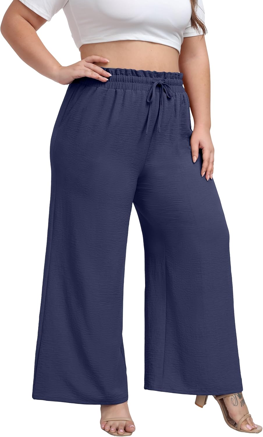 OLRIK Plus Size Wide Leg Pants for Women Casual Loose High Waist Pleated Lounge Pants Summer Trousers Dark Blue-3X - Image 2