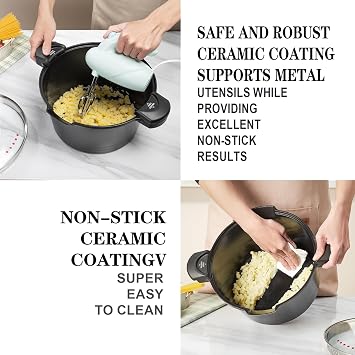 ACTIV CUISINE 5 Quart Pasta Pot with Strainer Lid, Cast Aluminum Stockpot Multi-Pot with Nonstick Ceramic Coating, Tempered Glass Lid for Easy Care, Dishwasher Safe, Induction Safe, Black