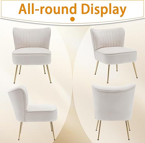 Miniatura 8 de Juego de 2 sillas decorativas, sillas de terciopelo sin brazos para sala de estar con respaldo de ala copetuda y patas de metal dorado, cómodas