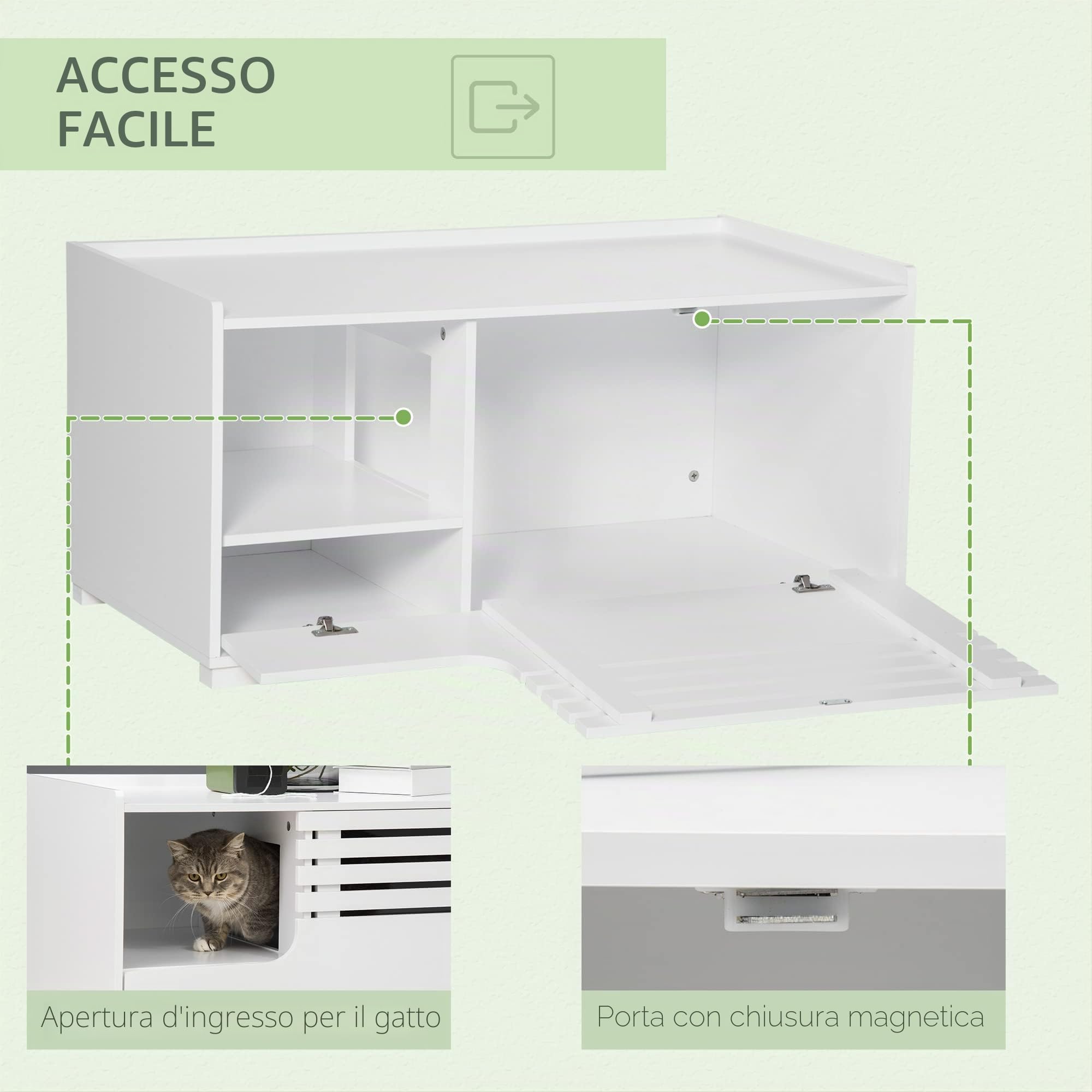 PawHut Armadietto per Gatti con Porta Magnetica, Design Rialzato, MDF, Bianco, 90 x 48 x 42,5 cm