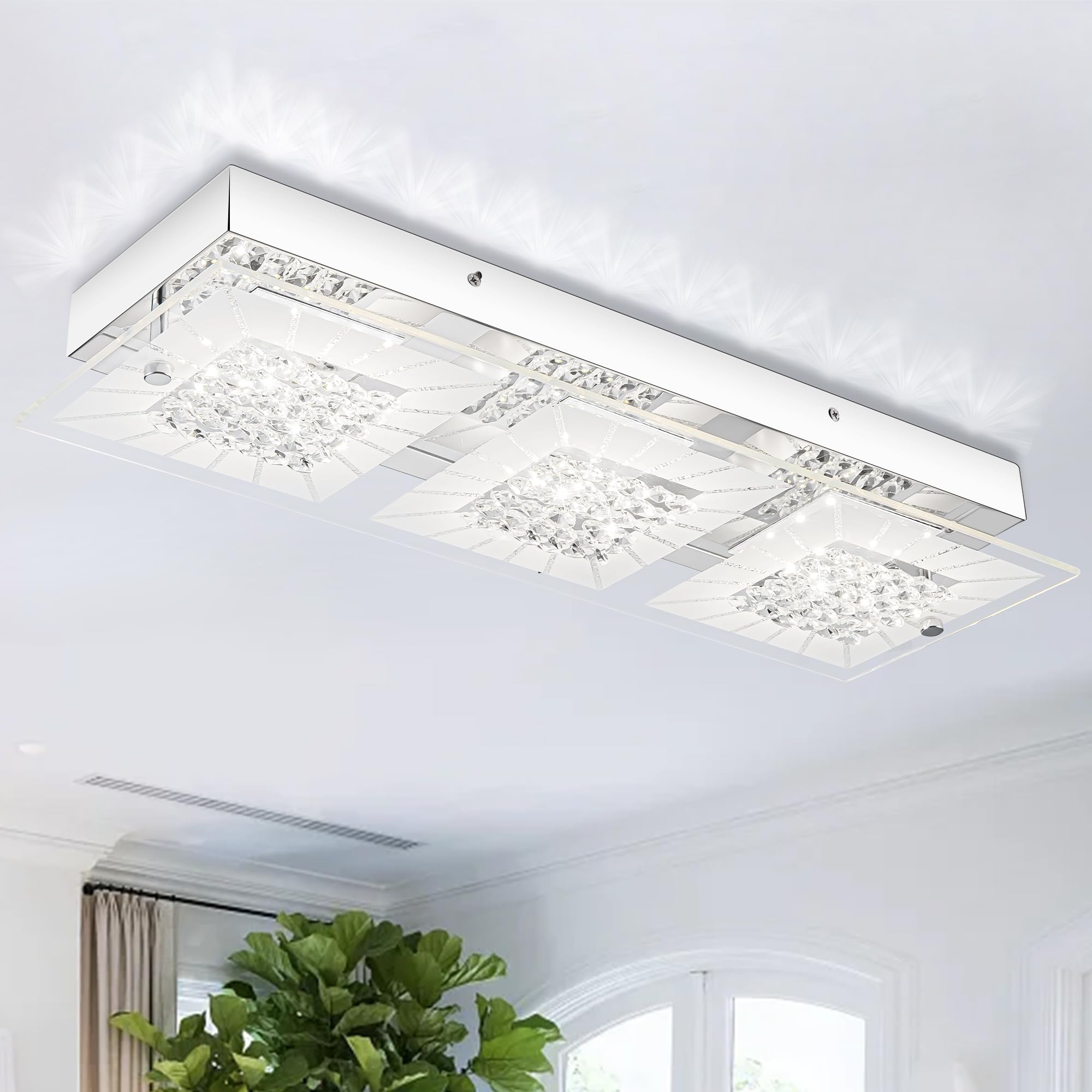 Flush Mount Ceiling Light, Crystal Ceiling Lamp LED Crystal Chandeliers, Bedroom Lights for Ceiling Hallway Light Fixtures Ceiling, LED Kitchen Lights Ceiling 18 Inch Dimmable Crystal Ceiling Light