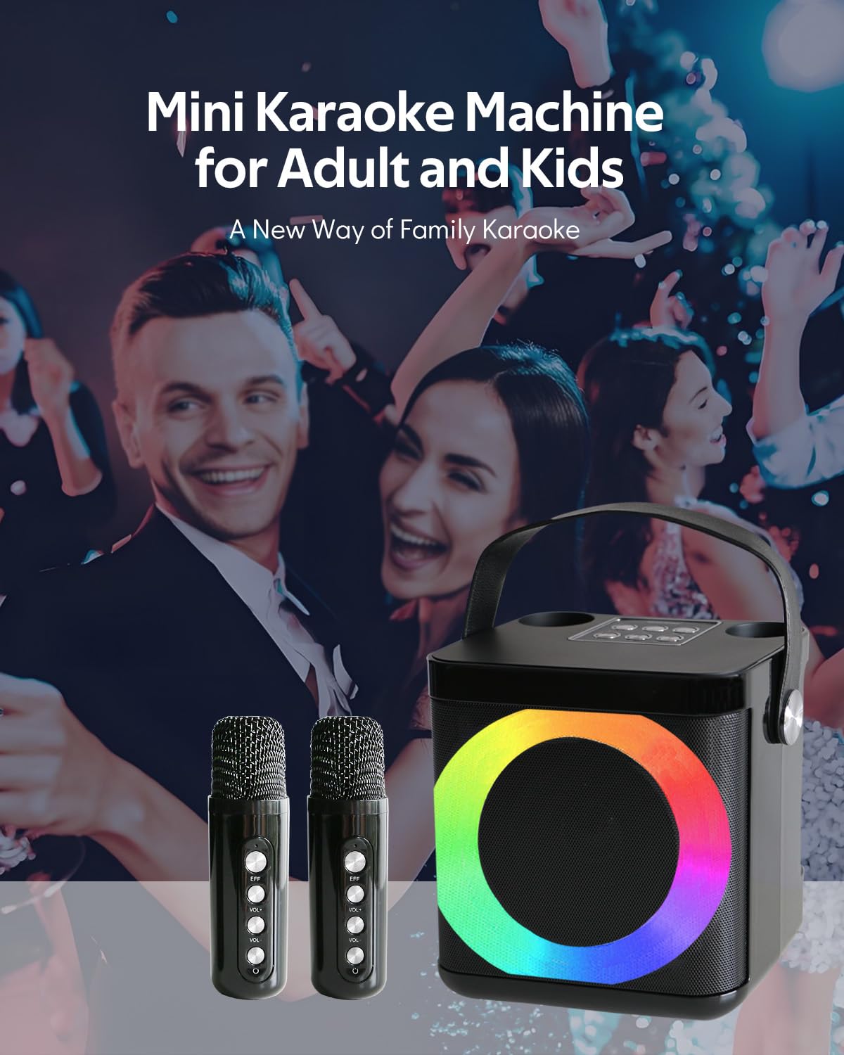 Macchina per karaoke, impianto karaoke con 2 microfoni, scatola per karaoke, con microfono, set per karaoke con LED per bambini e adulti, perfetto per feste, compleanni e riunioni di famiglia