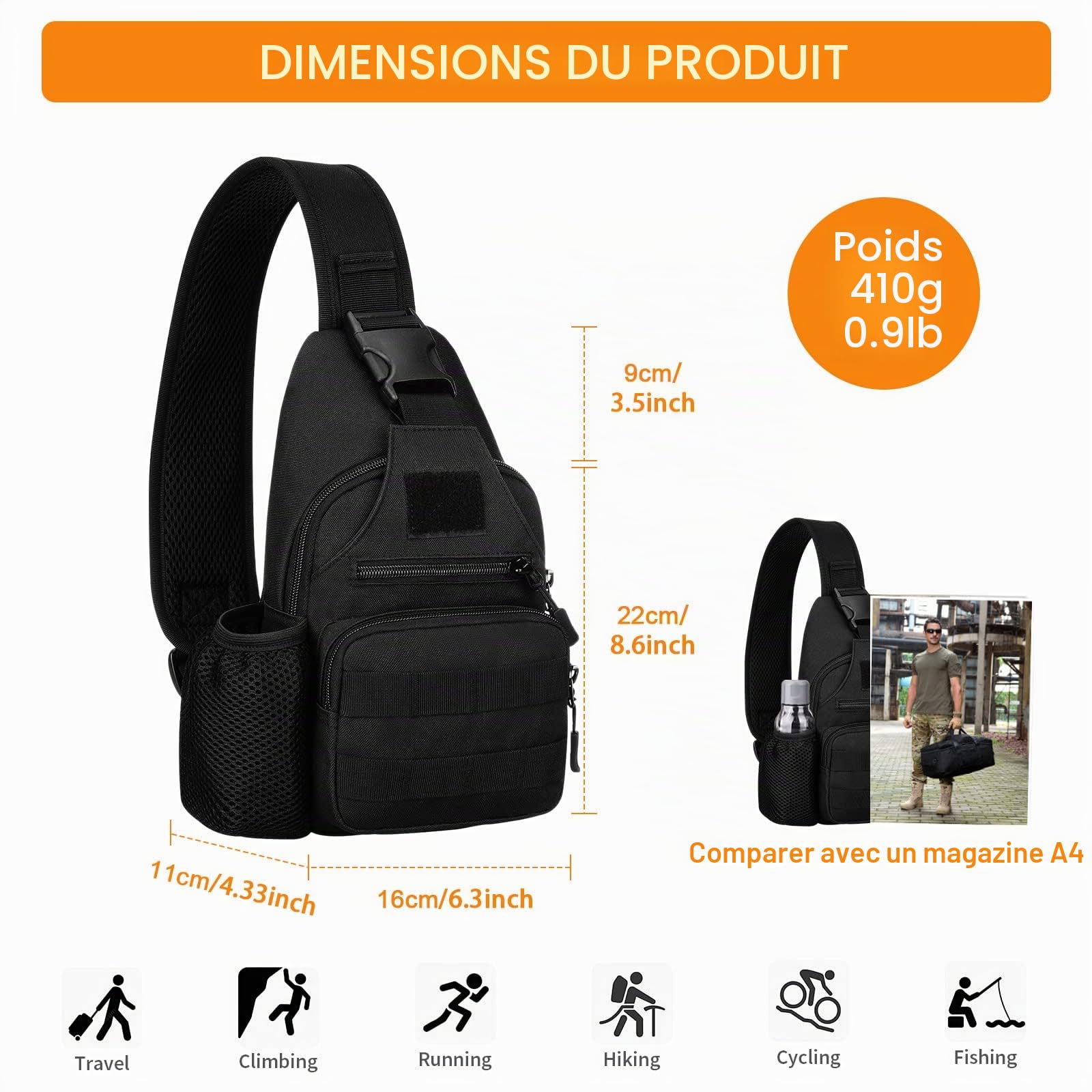 Sac à Bandoulière Tactique Militaire Résistant à l'Eau Sac à Dos Sling MOLLE pour Hommes avec une Bretelle Sac Quotidien avec Porte-Bouteille d'Eau (#01-Noir)