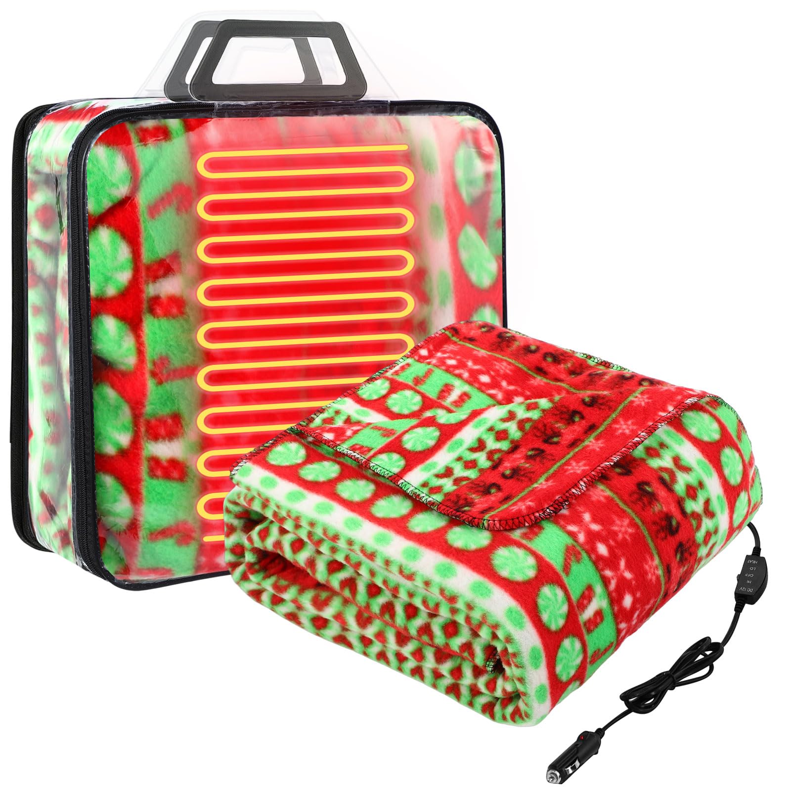 Tuanse 58x43 Inches 12v Heated Car Blanket Plug in, Red Green, Xmas Candy