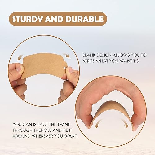 Miniatura 4 de 100 etiquetas de precios G2PLUS de papel de estraza, con una cuerda marrón e ideales para empaques, manualidades, bodas, Navidad, Día de Acción de