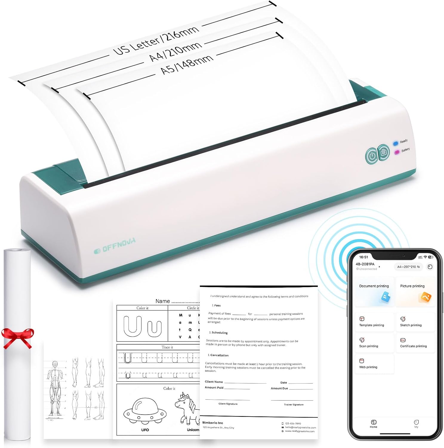 OFFNOVA Portable Printer Wireless for Travel, Thermal Inkless Printer, Support US Letter & A4 Size, Compatible with iOS, Android, Laptop with 1 Roll 8.5" x 11" Thermal Paper, for Mobile Office