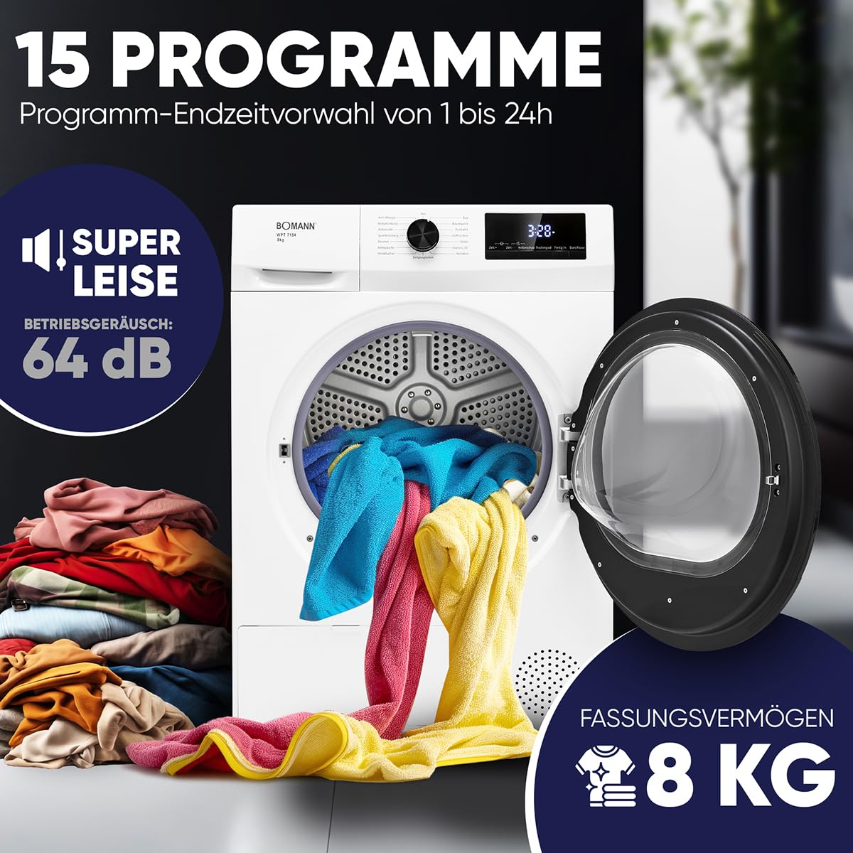 Bomann® Wärmepumpentrockner 8kg | kein Wasseranschluss nötig | Trockner m. Antiknitterfunktion | Wäschetrockner 15 Programme | Kondenstrockner | umweltfreundliches Kühlmittel R290 | WPT 7154 weiß