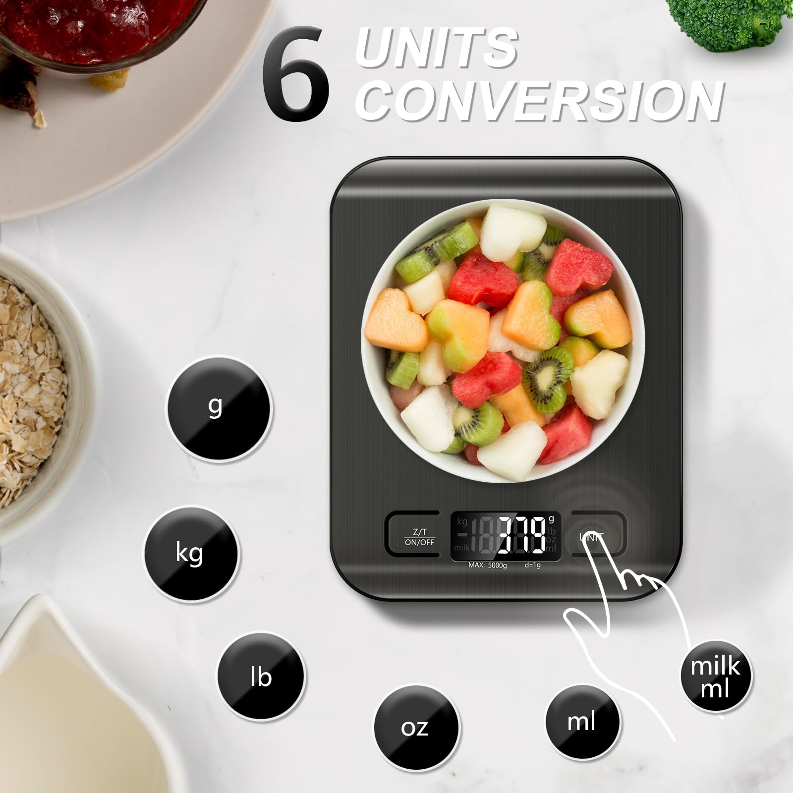 Bilancia da cucina da 5 kg, con 6 funzioni tara e display LCD, 1 g, in acciaio inox, bilancia digitale per alimenti, per cuocere al forno, cucinare, dieta e preparazione dei pasti (nero)