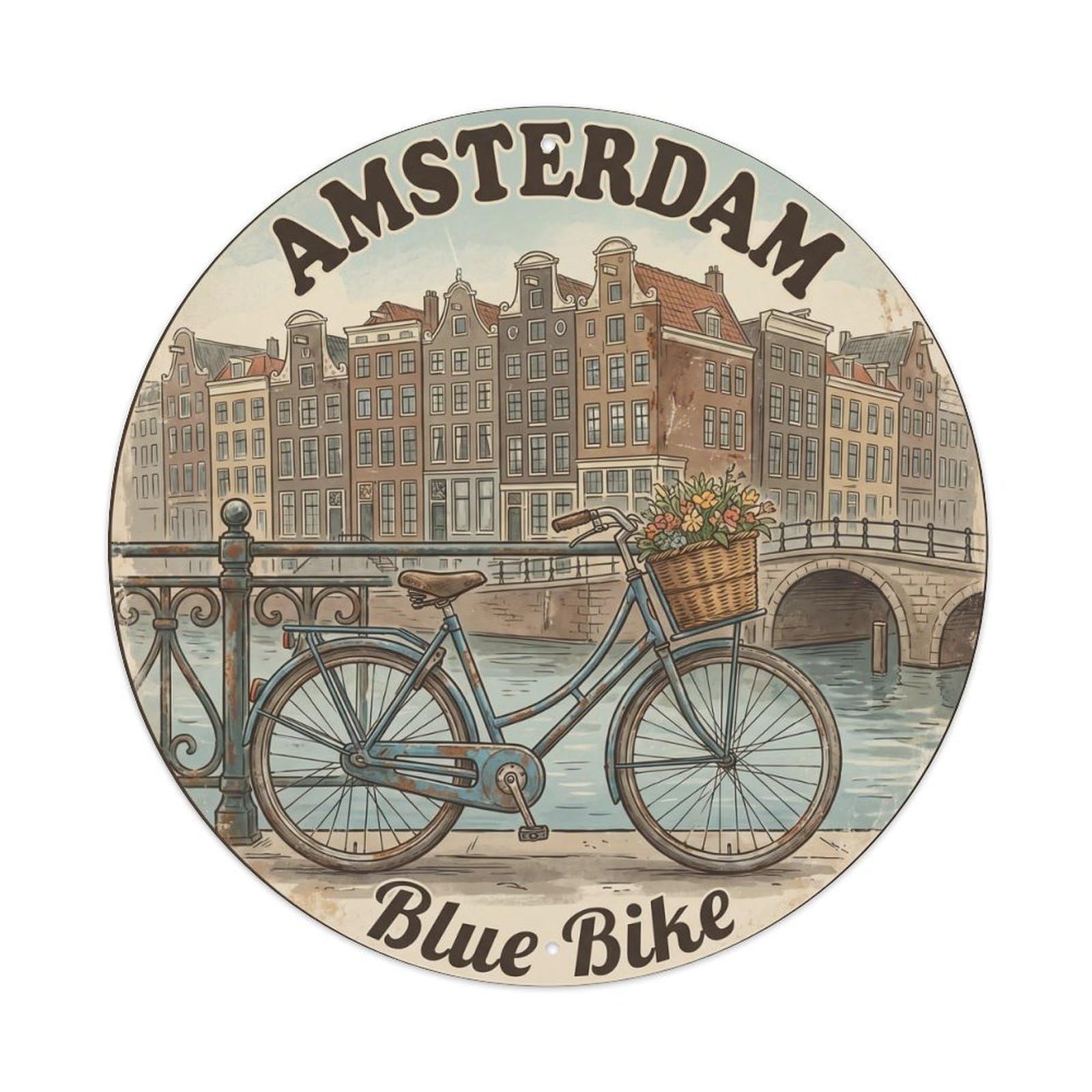 Vintage Travel Amsterdam Blue Bicycle Metal Tin Sign Plaque Wall Decor for Cafe, Club, Garden Round Metal Poster 8x8Inch
