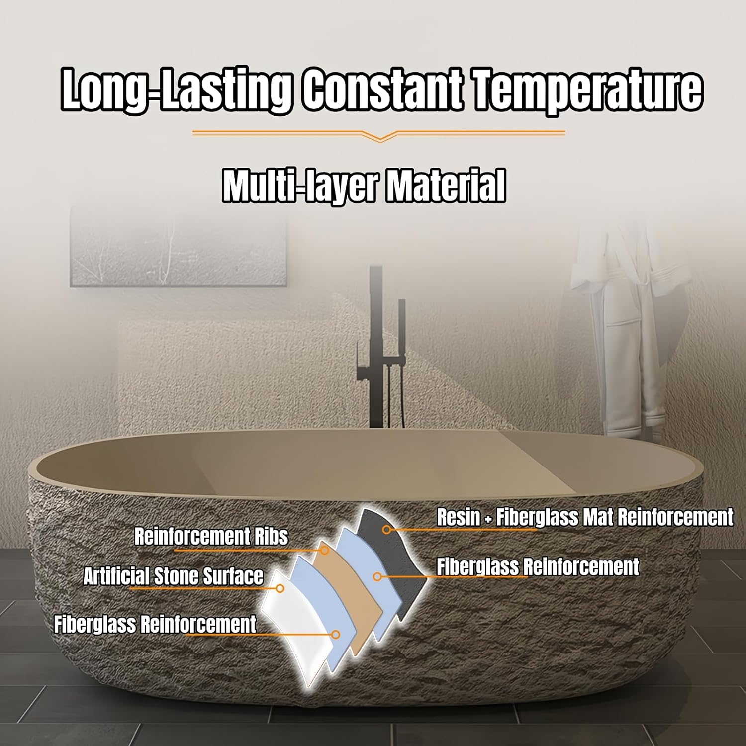68" Edeyeu Freestanding Bathtub - Modern Solid Surface Bathtub Soaker Tub with Extra Deep Design, Durable One-Piece Stand Alone Tub for Spa-Like Soaking Experience, with Drain rock color