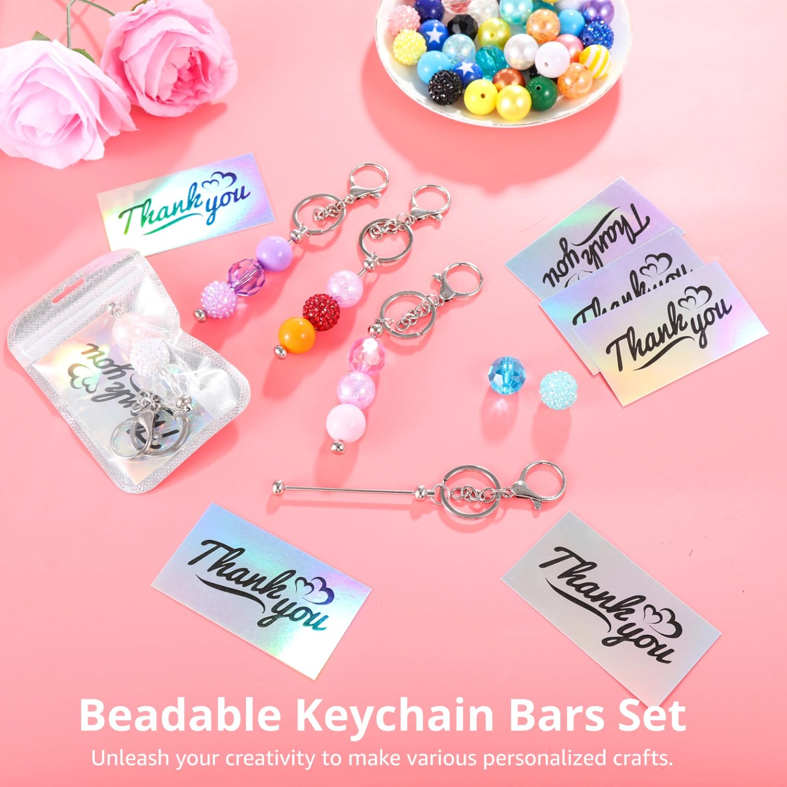 Lnrueg 90 Pcs Beadable Keychain Bars Set 20 Beaded Keychain with 50 Resealable Pouches Bag & 20 Thank You Cards, Metal Keychains for Beads, DIY Crafts
