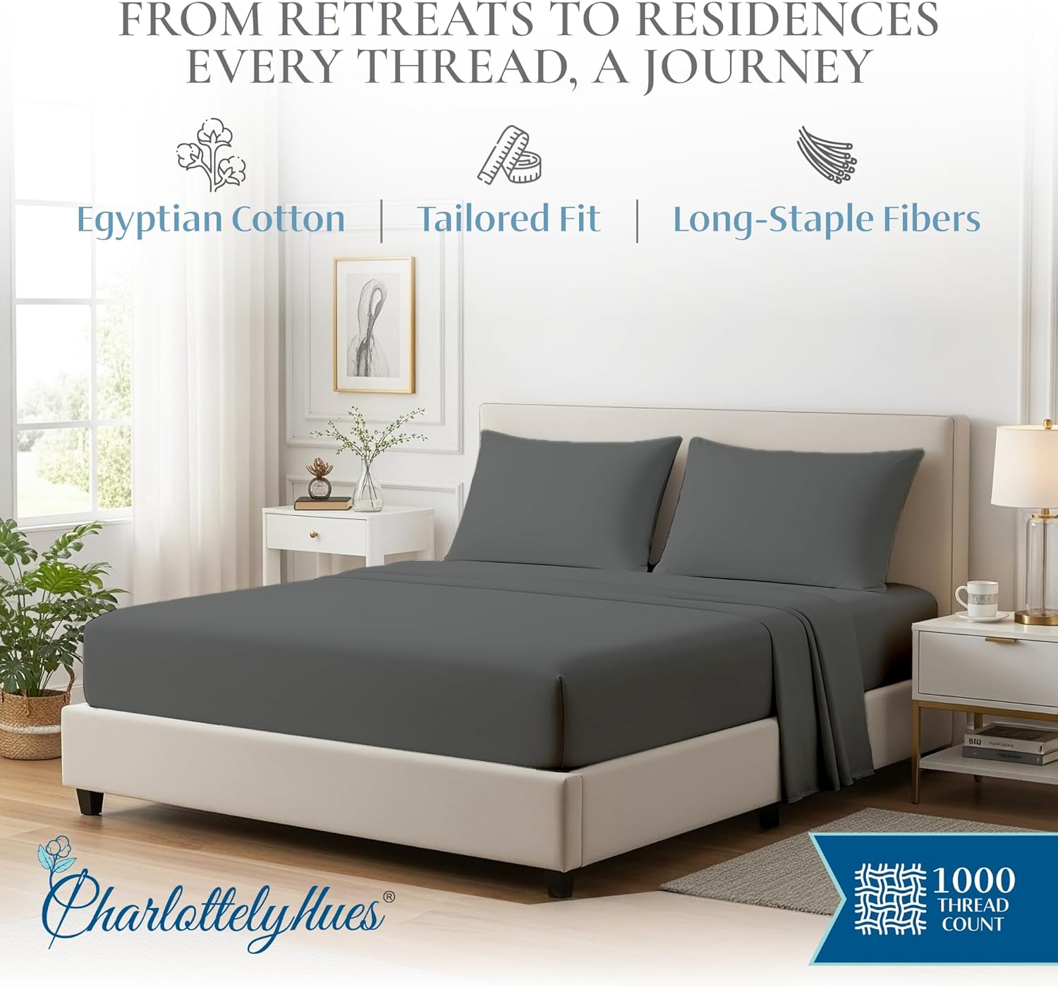 CharlottelyHues 1000 Thread Count Sheet Set 4 Piece 100% Egyptian Cotton Hotel Luxury Breathable Soft Snug Fit Sateen Finish Bed Sheets Fits Upto 18" Mattress (Dark Grey, Queen)