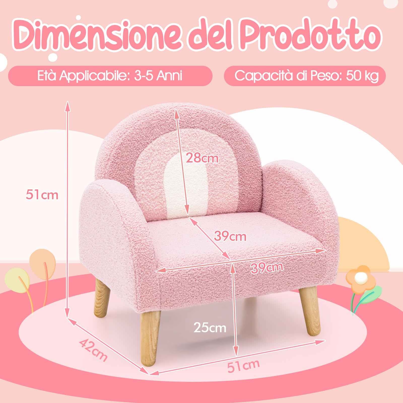 RELAX4LIFE Poltrona per Bambini, Divano per Bambini in Tessuto di Velluto con Imbottitura in Schiuma, Sedia per Bambini in Legno per Sala Giochi, Camera da Letto, Soggiorno (ROSA)