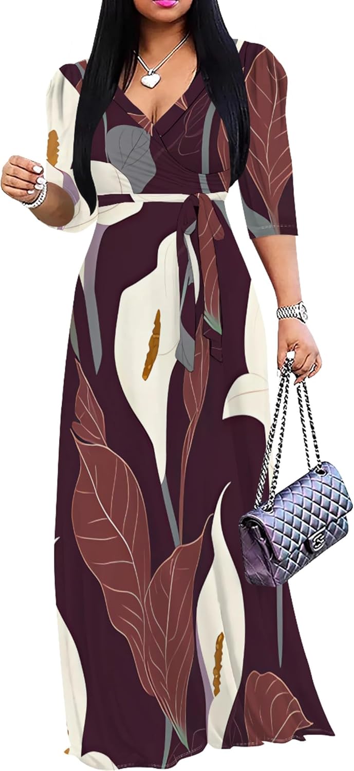 Maxi Wrap Dresses for Curvy Women 2025 3/4 Sleeve Sexy V Neck Boho Long Dress with Belt Cocktail Party Sundress