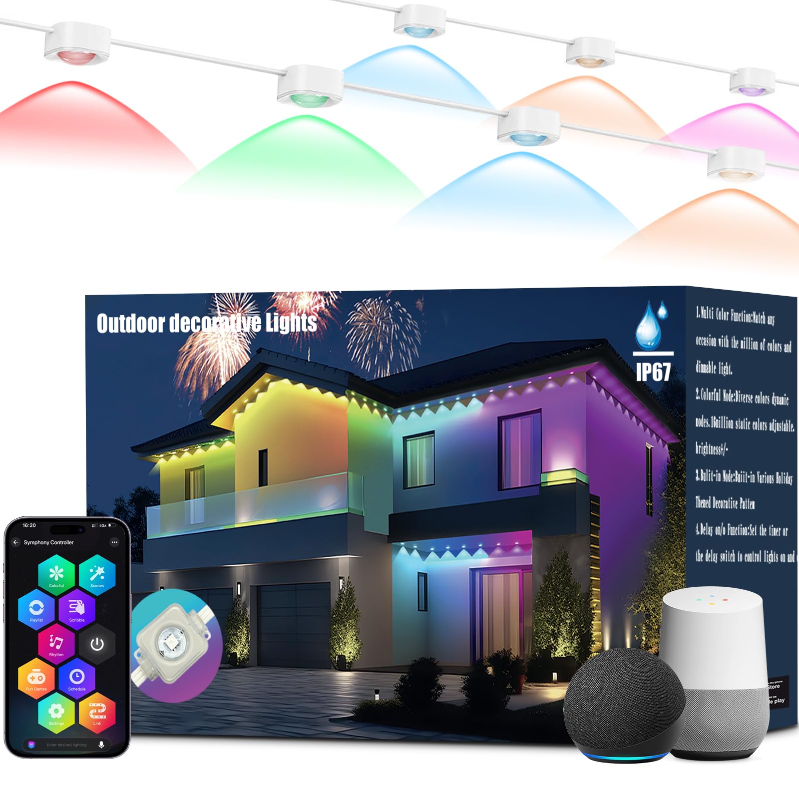 FDCOUA Permanent Outdoor Lights 100ft RGB+IC with 72 Smart AI Eave