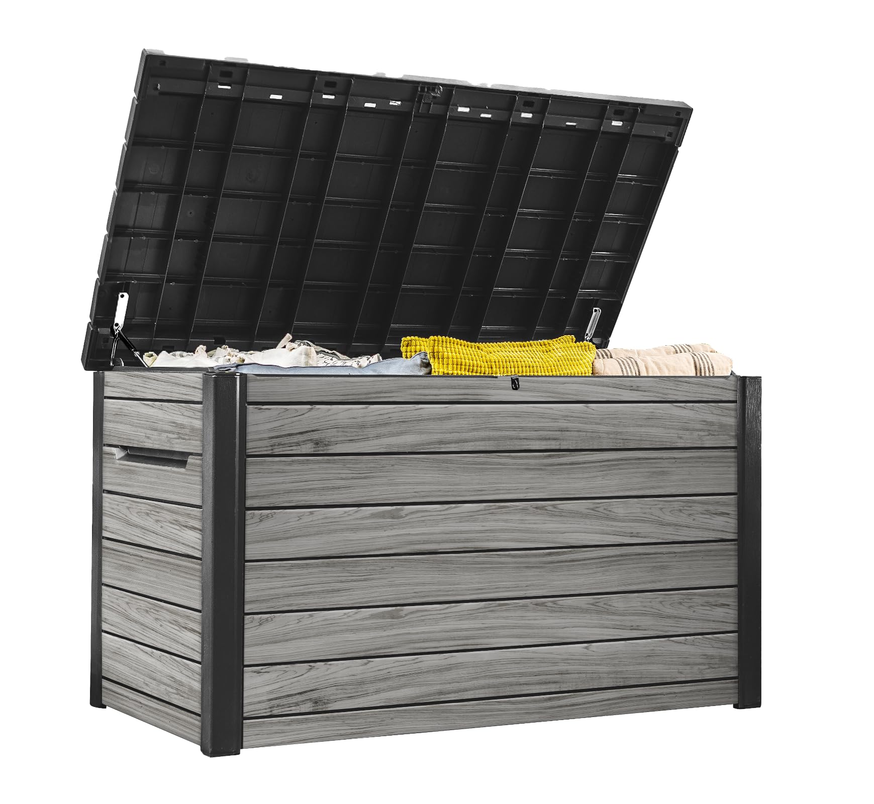 Keter Ontario Auflagenbox/Kissenbox 870 Liter | 100% Wasserdicht mit Belüftung dadurch kein übler Geruch/Schimmel Moderne Holzoptik | Deckel mit Gasdruckfedern