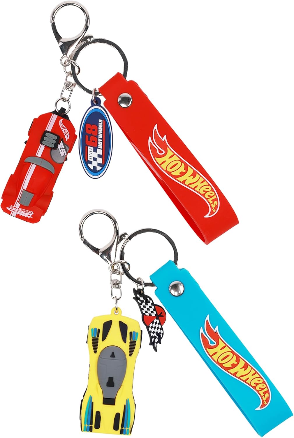 Concept One Hot Wheels 3D Car Keychain Set, Keyring Accessories for Bags and Backpacks, Charms with Silicone Logo Straps, Red and Yellow