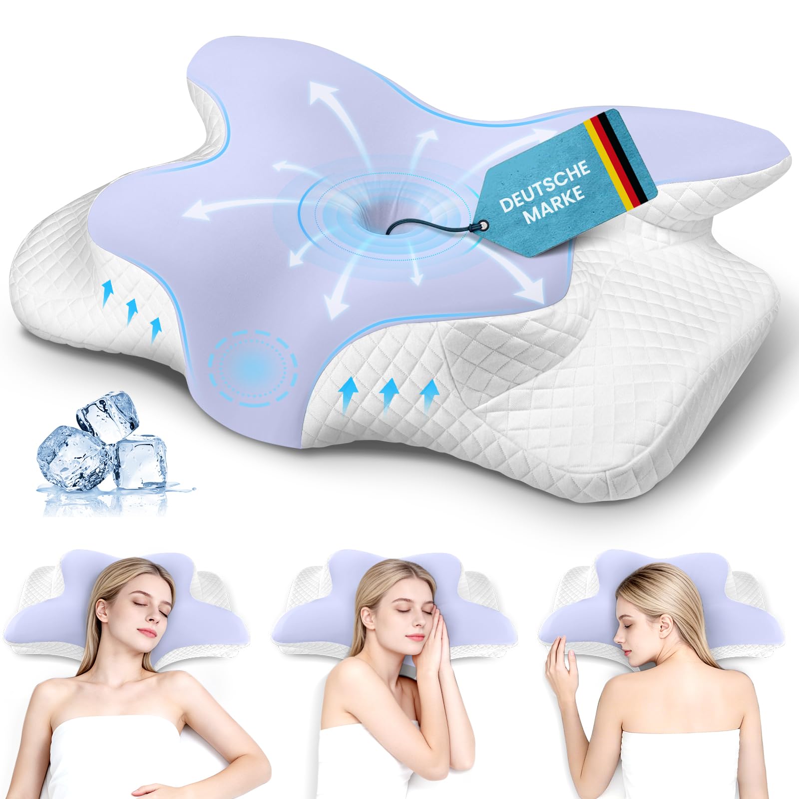 Oreiller Ergonomique Cervical à Mémoire de Forme, 2 en 1 avec Hauteur Réglable, Housse Lavable, Oreiller Memoire Forme Idéal pour Dormir, 62 x 41 x 13/11 cm—Violet Clair