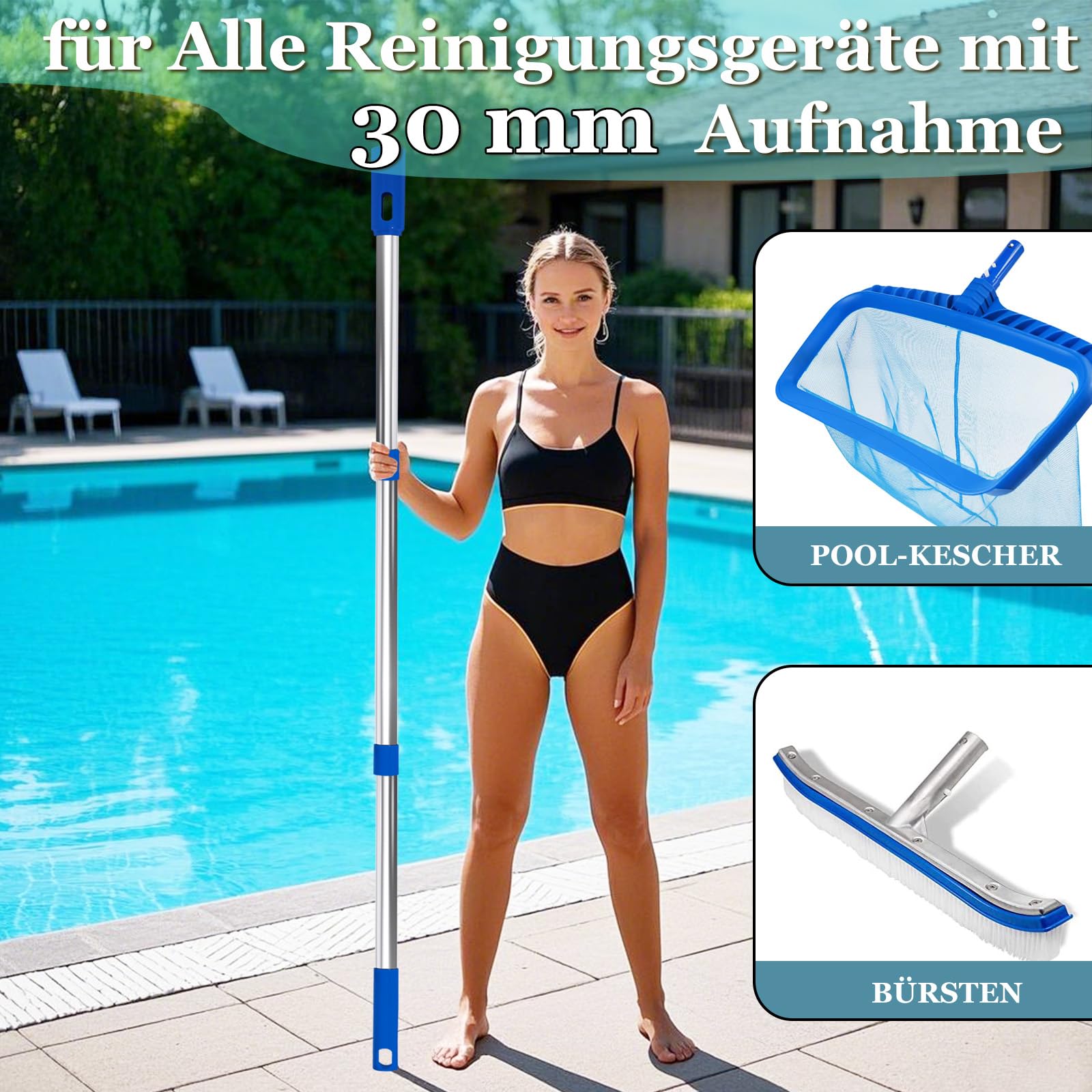 Drążek teleskopowy do małych basenów i jacuzzi, drążek do basenu, regulowany od 80 cm do 117 cm, akcesoria basenowe ze stali nierdzewnej, kompaktowy i wytrzymały, wysuwany drążek do szczotek