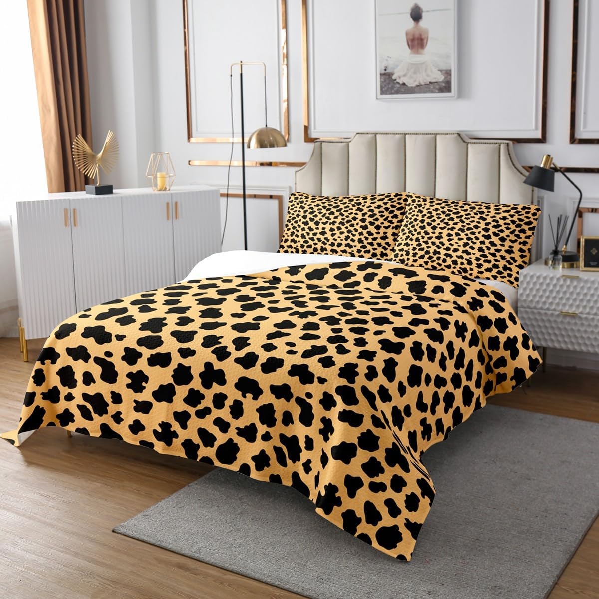 Manfei Leopard Kids Bedspread Twin Size,Cheetah Wild Animal Trendy Coverlet Set,Girls Boys Room Decor,Modern Fashion Vintage Quilted Coverlet,Yellow Black Bedding Quilt,1 Pillowcase