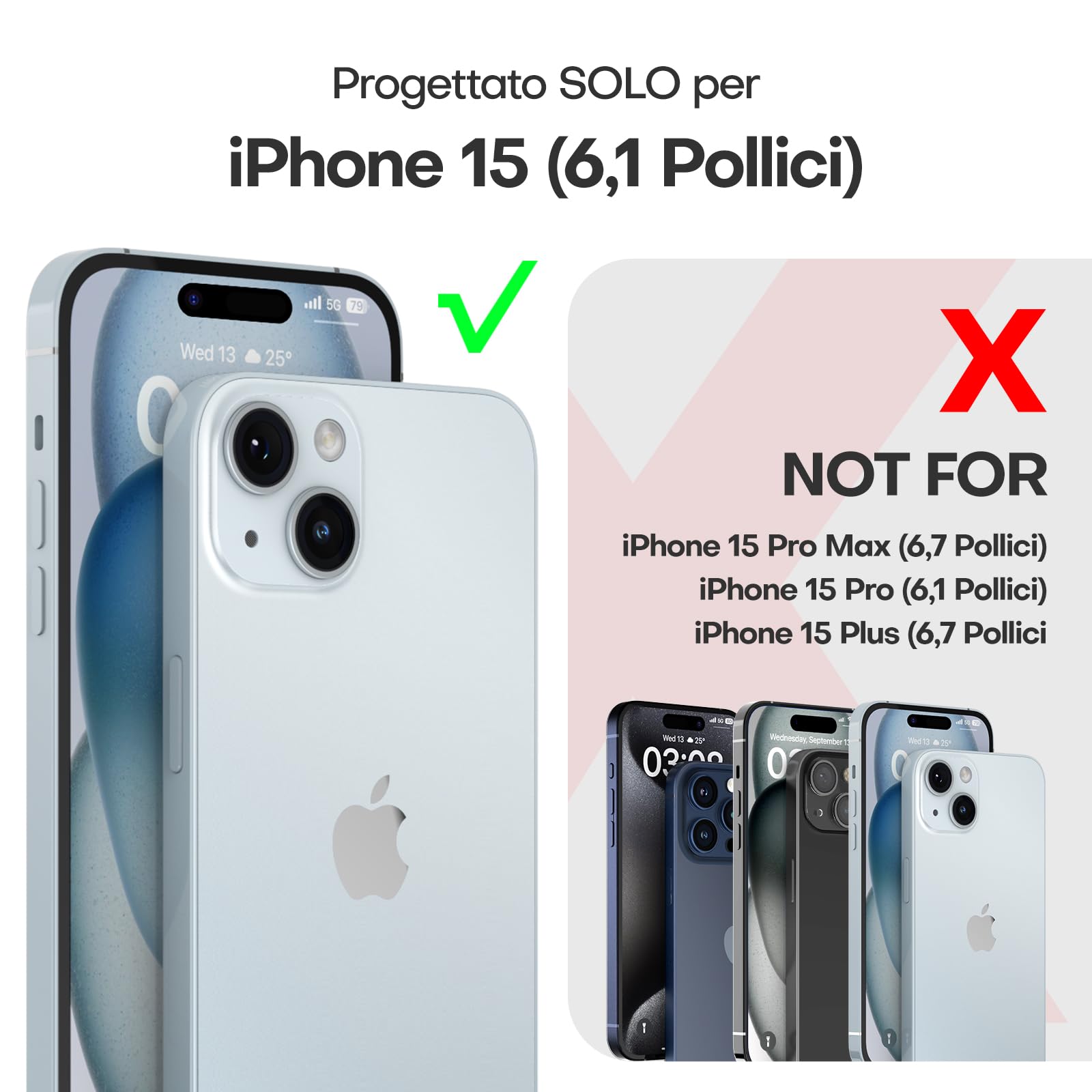 TAURI Cover per iPhone 15, [3 in 1] 1 Custodia[Senza Ingiallimento] con 2 Pellicole Vetro Temperato, [Protezione Antiurto Militare] Sottile Antishock, Anticaduta- Trasparente