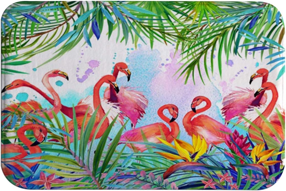 Flamingo Bath Mats, Flamingos with Tropical Palm Leaves Flannel Absorbent Super Soft Non Slip Bath Rug for Bathroom Kitchen Floor Carpet, 24L x 16W Inch, Pink Green Pink