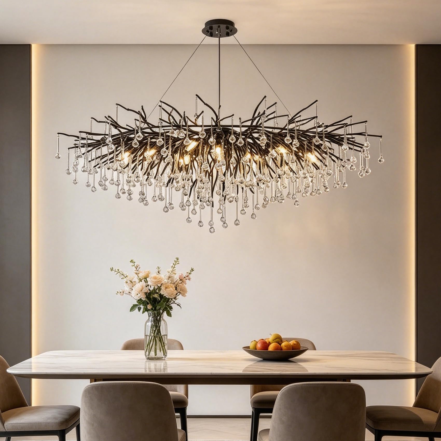 MESOVFCA Modern Chandeliers for Living Room Crystal Tree Branch Chandelier, 100Cm Large Linear Art Deco Raindrop Pendant Light Fixture for Dining Room, Kitchen Island, Bedroom,Black