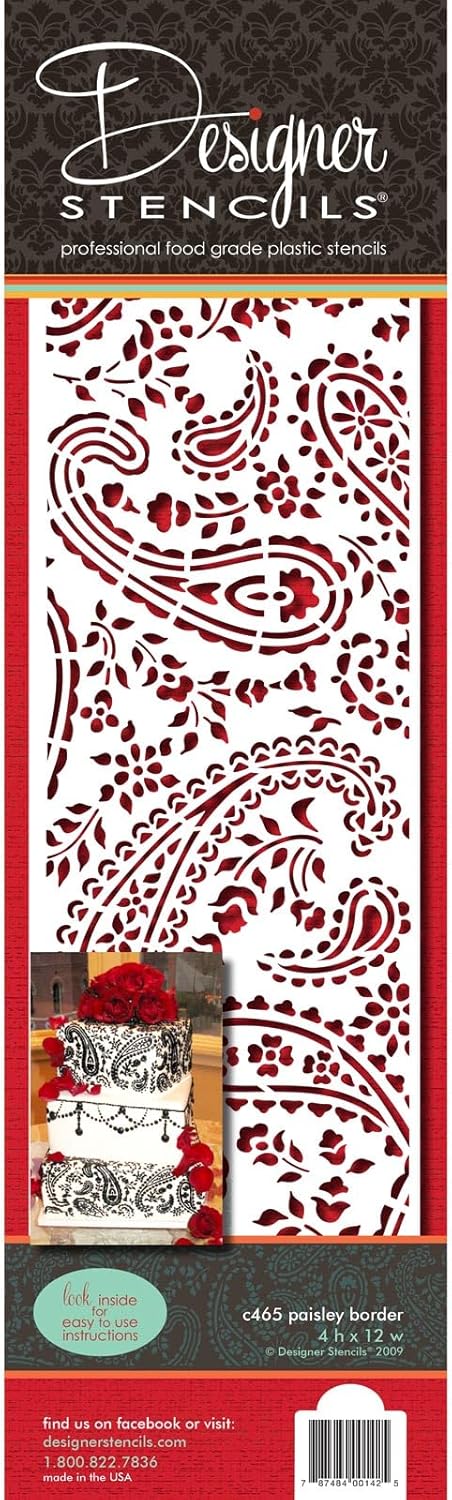 Designer Stencils Paisley Cake Side foodgrade stencil, 4 x 12 inches