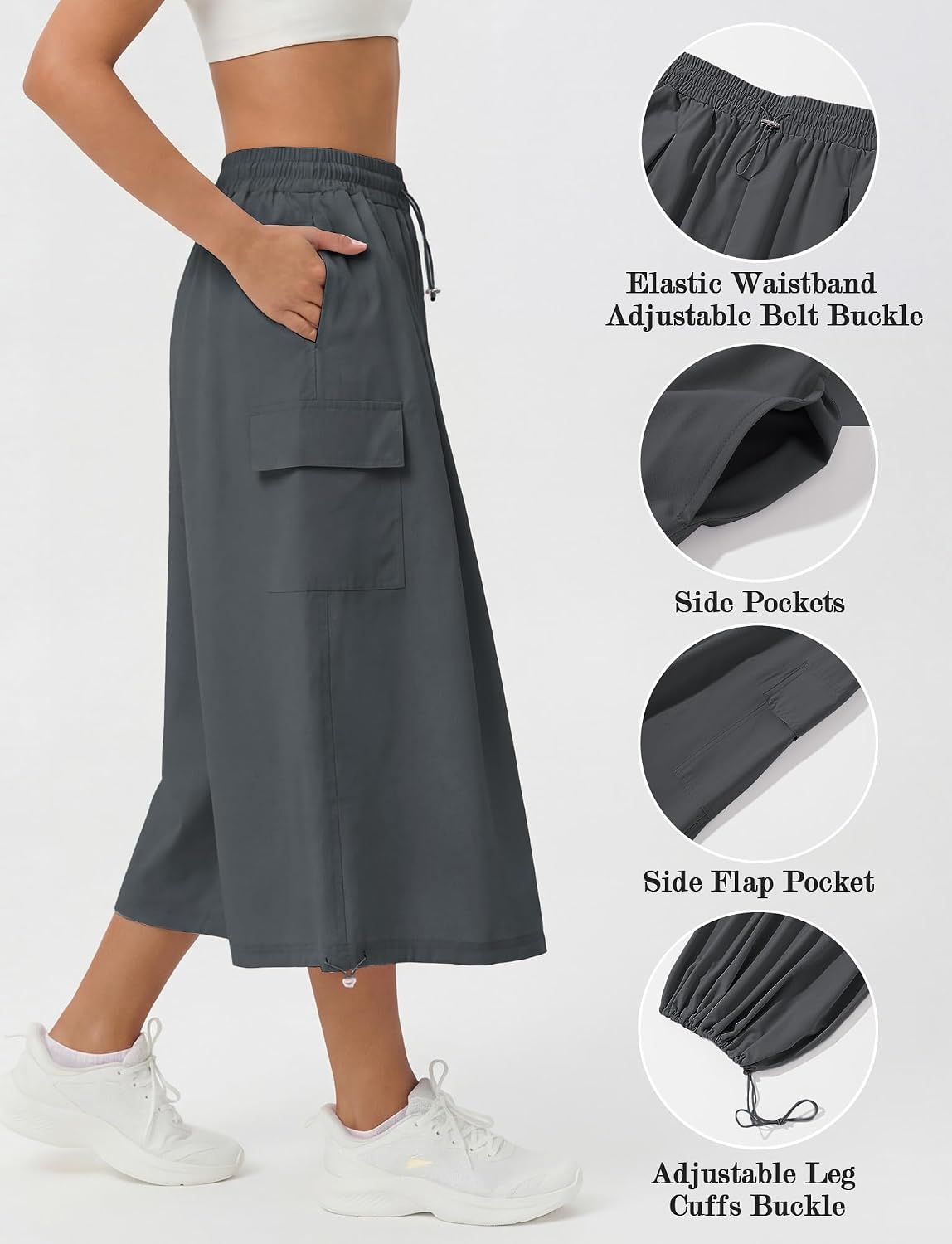 FEOYA Wide Leg Capri Pants for Women Cooling Flowy Culottes Quick Drying Elastic Waist Cropped Pants with Pockets Hiking