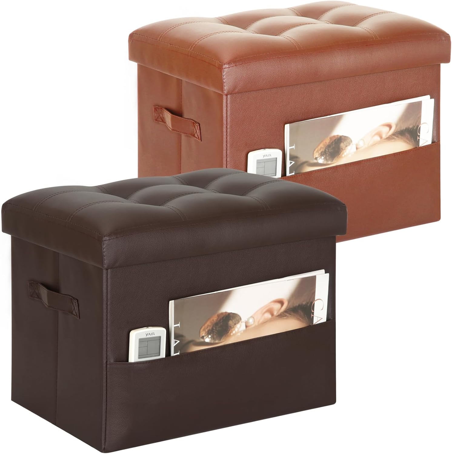 Storage Ottoman Foot Rest Stool, Foldable Leather Footstool Storage Bench with Thicker Foam Padded Seat. Foot Rest Under Desk for Living Room Bedroom 350 lbs, 17x13x13 in, Brown & Light Brown