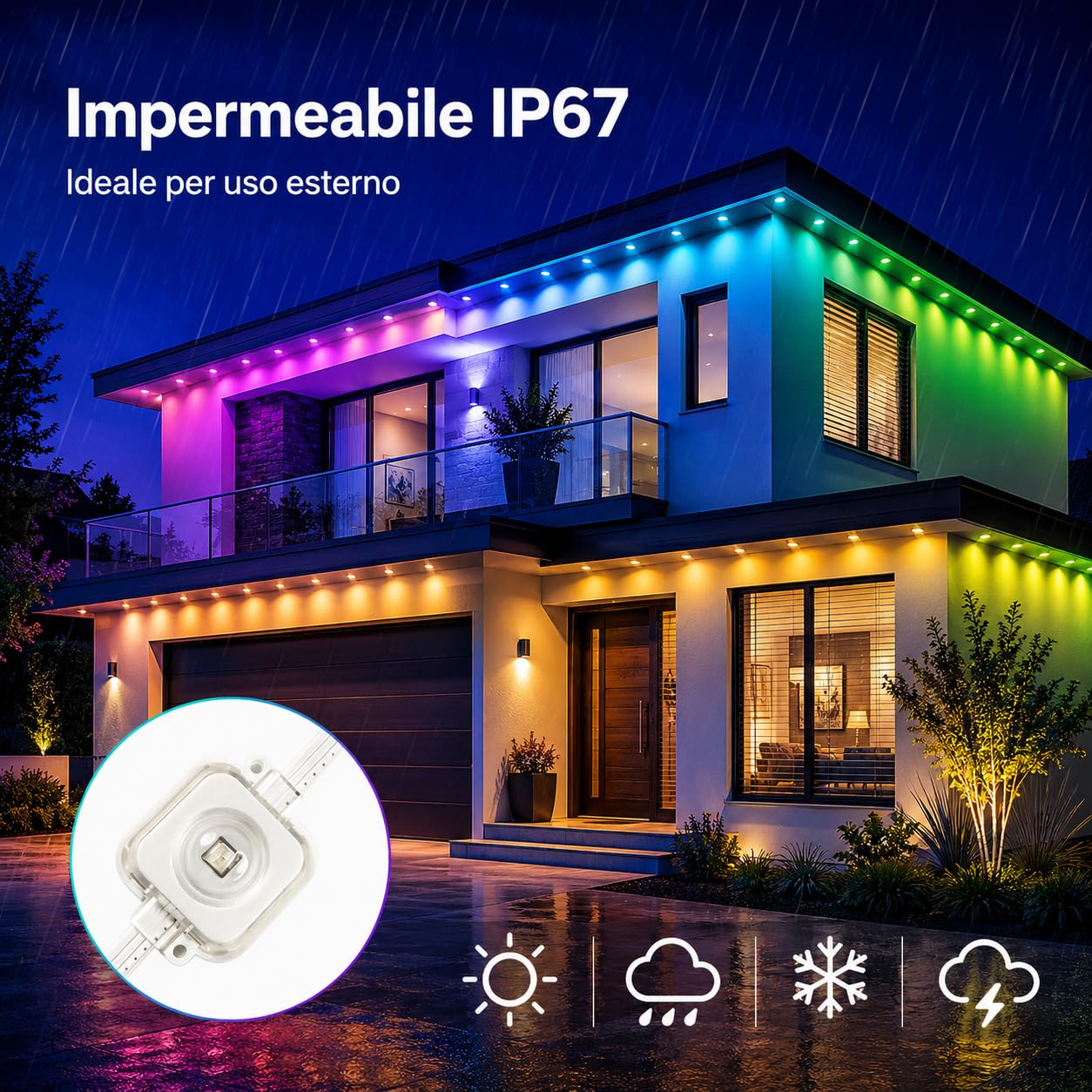 Luci Esterne Permanenti RGBIC - 15 metri con Luce Bianca, App e Telecomando 2.4G, Impermeabili IP67 per Grondaie, Facciate, Pergole e Tettoie, Modalità Musica e Timer
