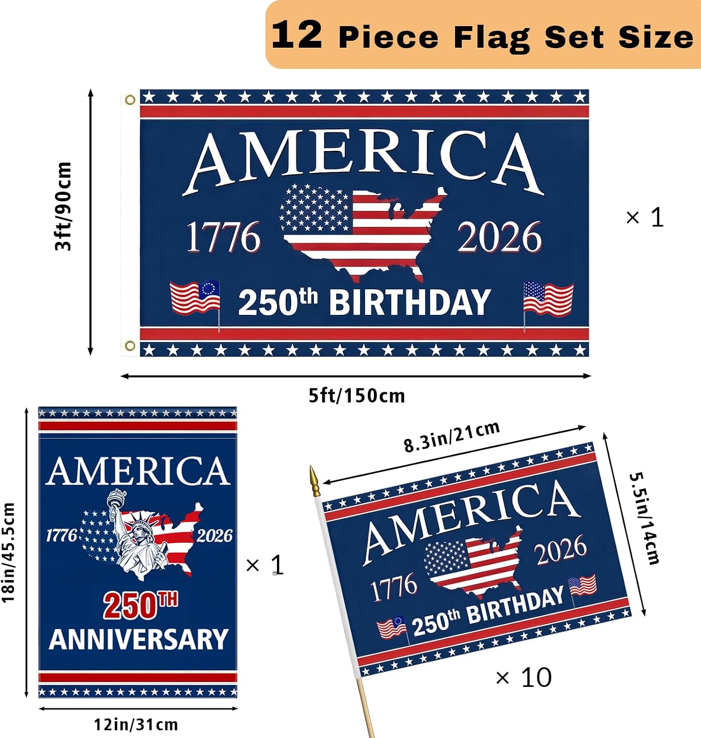 250 Anniversary USA Flag Set–Double Sided 3-Ply 3x5 Ft American Flags for Outside Banner with Garden & Half Round Porch Flag, 1776-2026 Patriots Flag 4th of July Decorations,12 Piece (Set D)