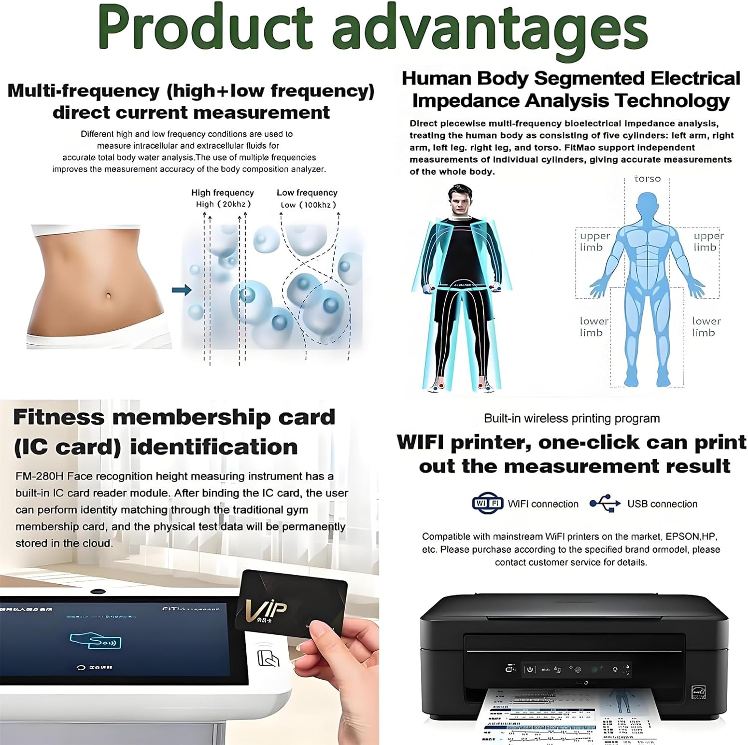 Diagram showing the color display screen, handheld electrodes, and foot electrodes with dimensions
