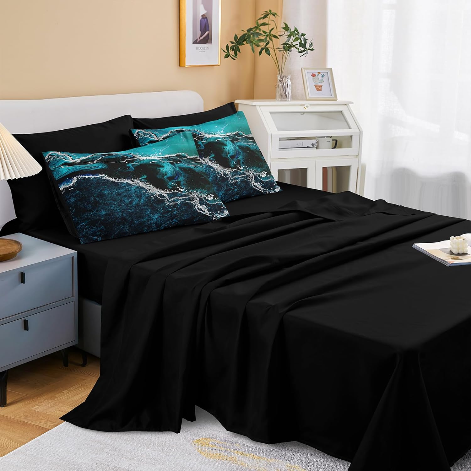 Black Marble Comforter Set 8 Pcs Turquoise Blue Bedding Set King Size Bed in A Bag Blue and Black Stone Texture Abstract Room Decor Black Marble Bed Comforter - Image 5