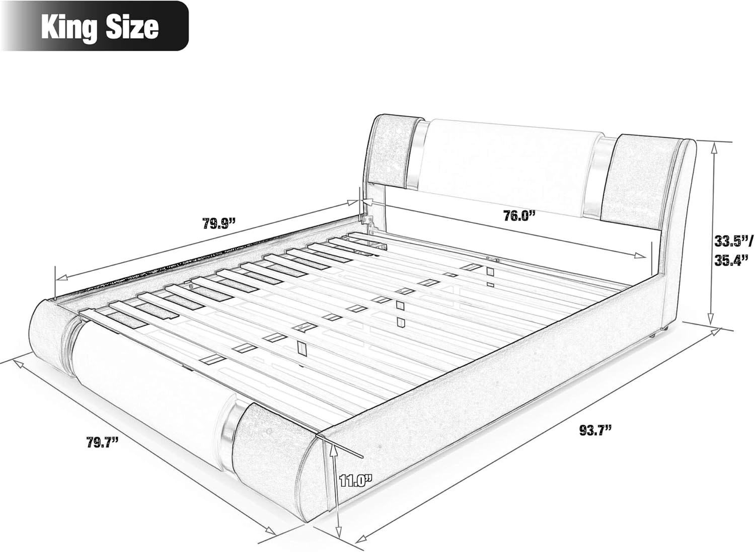 SHA CERLIN King Size Bed Frame with Iron Pieces Decor and Adjustable Headboard / Deluxe Upholstered Modern Platfrom Bed with Solid Wooden Slats Support / No Box Spring Needed, Black with White Sides : Home & Kitchen