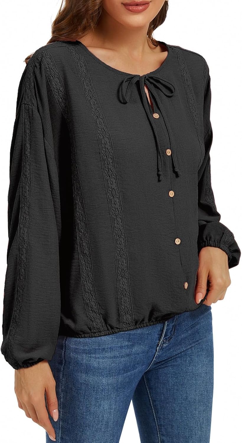 Women's Lace Long Sleeve Blouse Tie Front Tops Button Down Shirts Dressy Casual Boho Blouses - Image 4