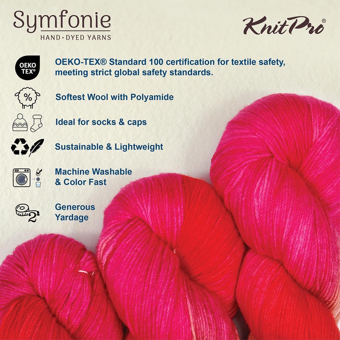 KnitPro Symfonie Fingering Weight Hand Dyed Variegated Yarn Skein | Extra Fine Merino Wool & Polyamide Blend for Knitting & Crocheting, Oeko-TEX Certified 400m, 100g | Terra Rhubarb