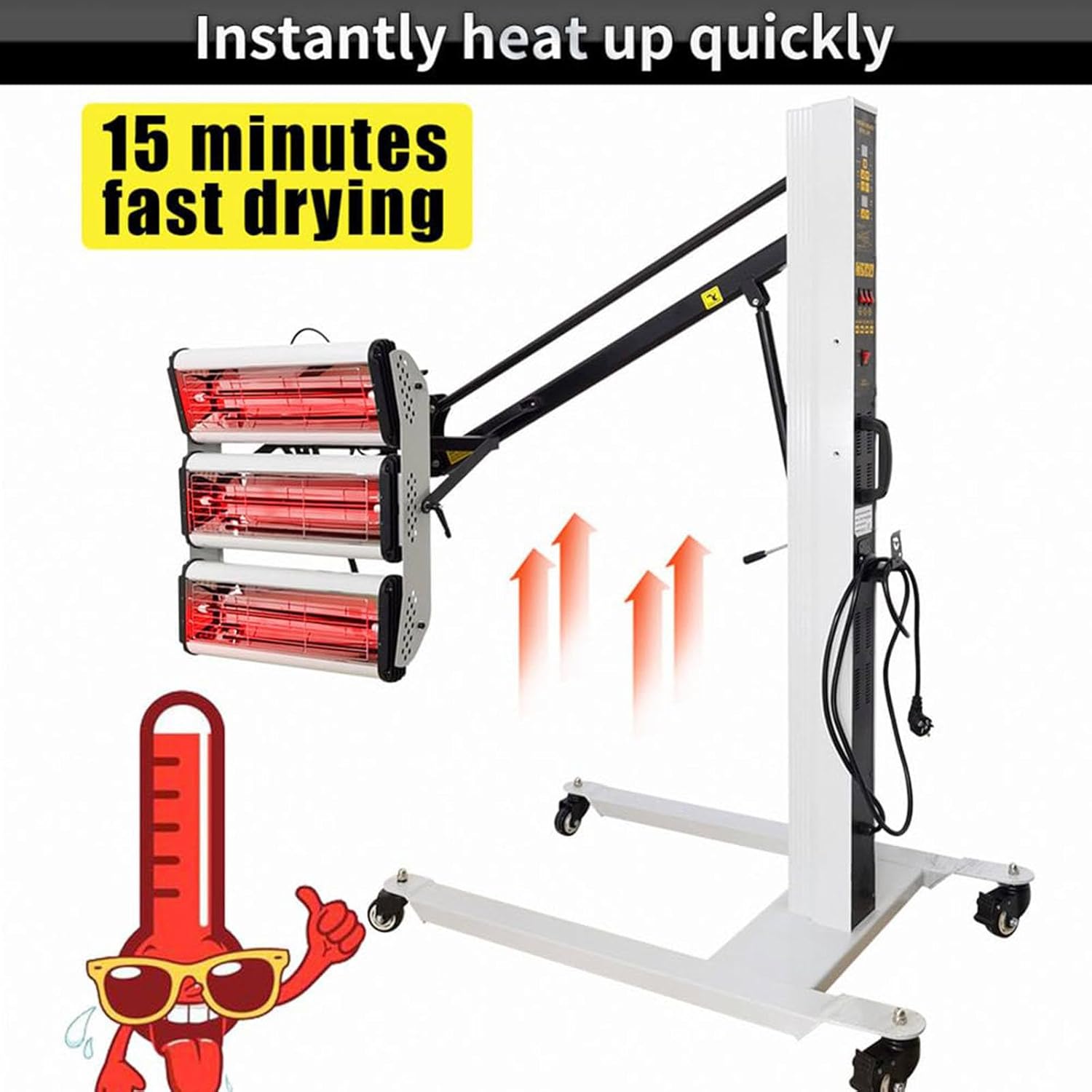 Infrared Paint Curing Lamp with Adjustable Stand, 360° Rotating Heater, Three Lamps, 1100W/2200W/3300W, Operating Temperature 40-100°C, Fast Drying Lamp