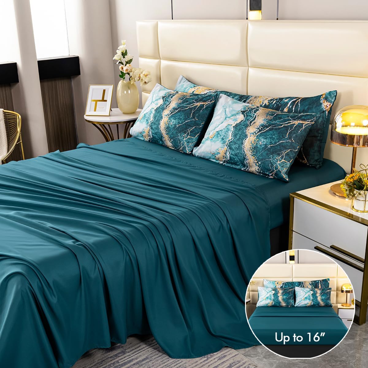 PERFEMET 6 Pieces Full Size Comforter Set Aqua Gold Bed in A Bag Watercolor Marble Bedding Comforter with Sheets Soft Lightweight Abstract Artwork Green Bed Sets for All Season Use(Aqua, Full) - Image 5