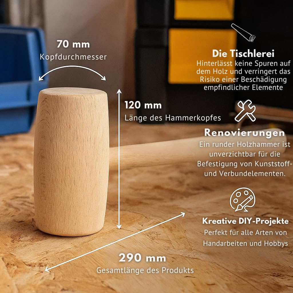 Martillo de madera con cabeza redonda, 70mm