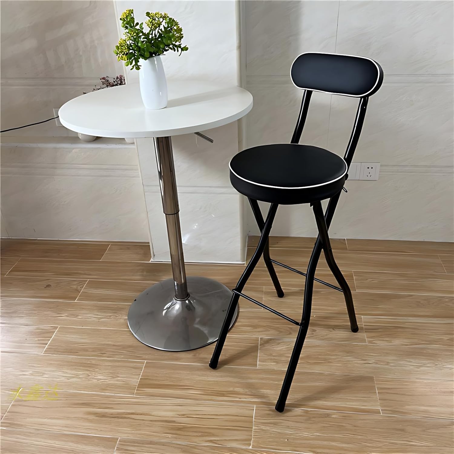 Set of 2 Foldable Bar Stools with Backrest & Footrest, 25.6in Tall Counter Height Seat PU Leather Padded Stool for Kitchen Island, Cafe, Bar (Black)